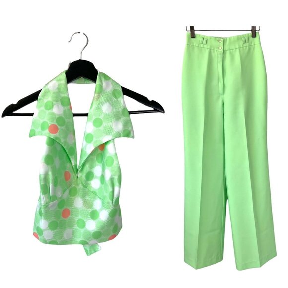 Vintage 70s Green Polkadot Halter Crop Top Wide Leg Pant Set XS